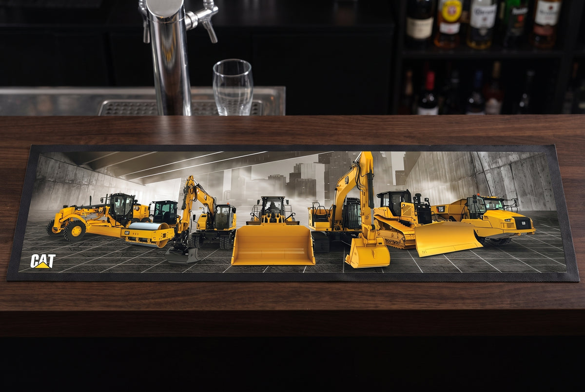 Caterpillar CAT Earthworks Premium Rubber-Backed Bar Mat Runner on a bar top