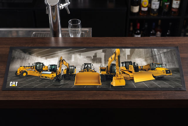 Caterpillar CAT Earthworks Premium Rubber-Backed Bar Mat Runner on a bar top