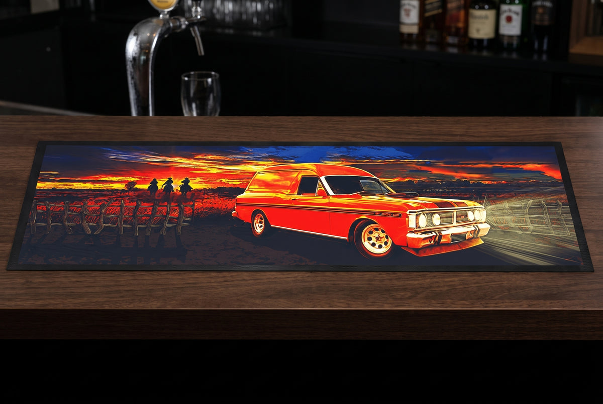 1971 Ford XY Falcon GT Panel Van Premium Rubber Bar Mat Runner on a bar top