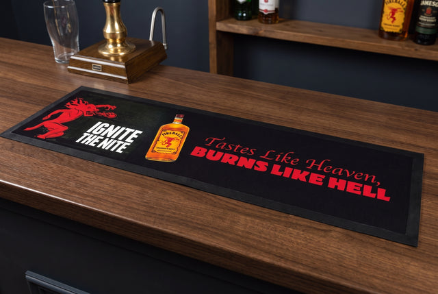 Fireball Whiskey Premium Rubber Bar Mat Runner on a bar top