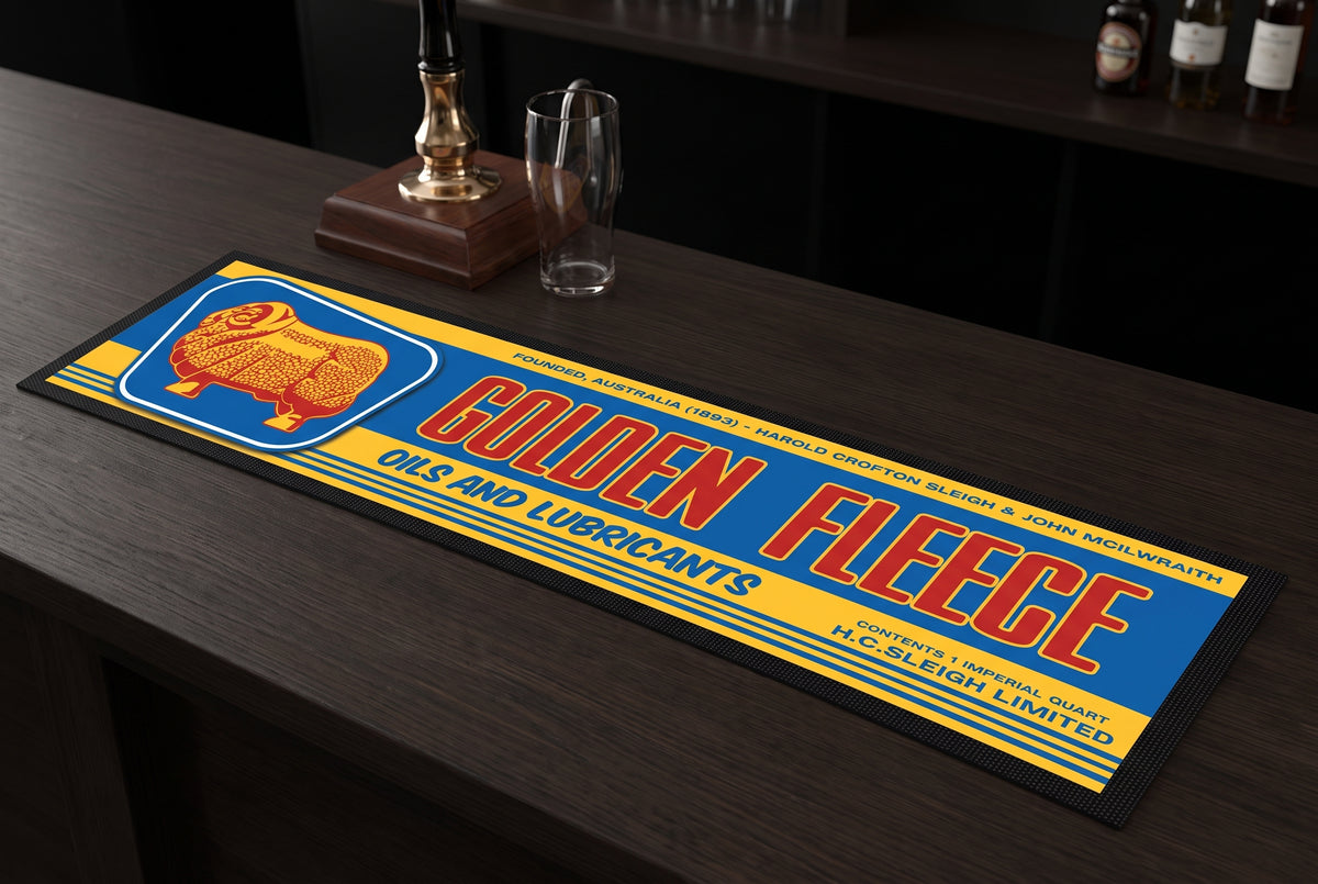 Golden Fleece Oils and Lubricants Premium Rubber-Backed Bar Mat Runner on a bar top