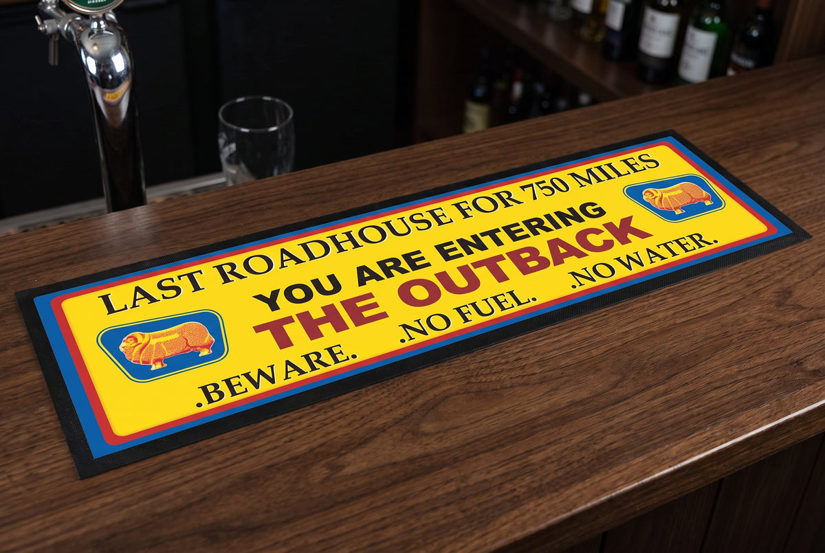 Golden Fleece Outback Roadhouse Premium Rubber-Backed Bar Mat Runner on a bar top