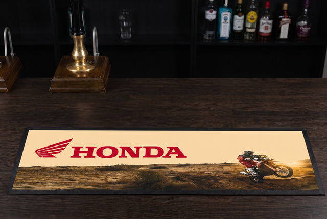 Honda Motorcycles Premium Rubber-Backed Bar Mat Runner on a bar top