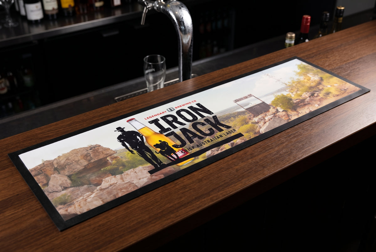 Iron Jack Premium Rubber-Backed Bar Mat Runner on a bar top