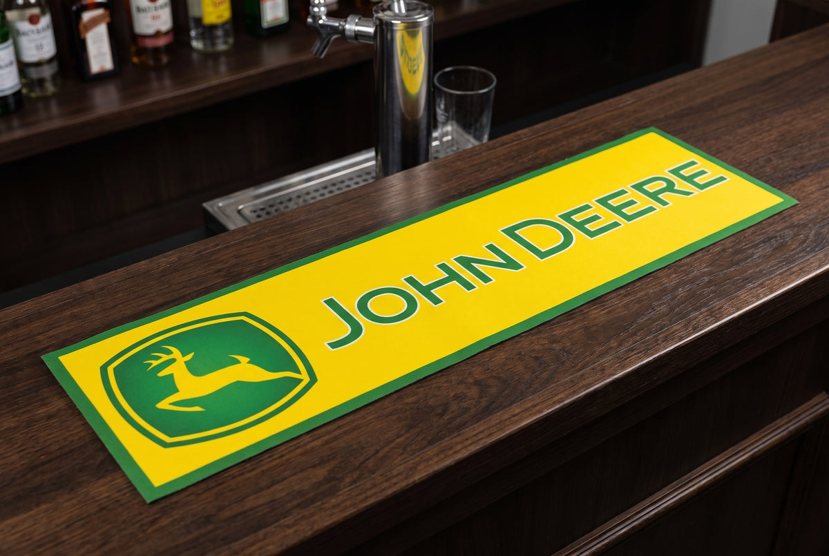 John Deere Premium Rubber-Backed Bar Mat Runner on a bar top