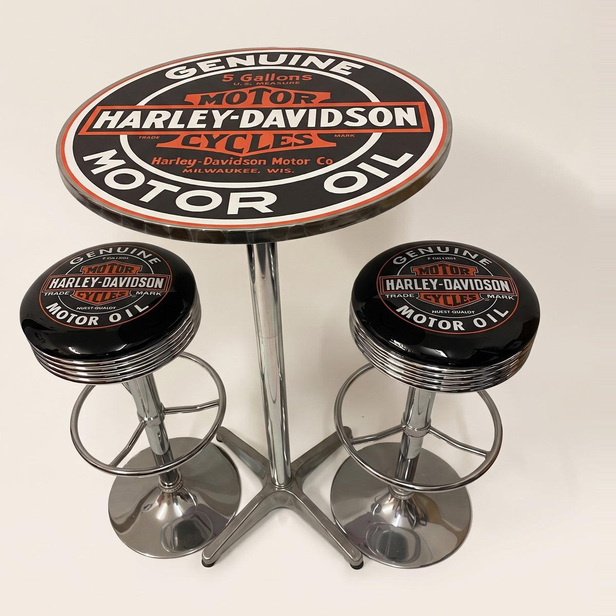 Harley-Davidson Motor Oil bar table and two bar stools
