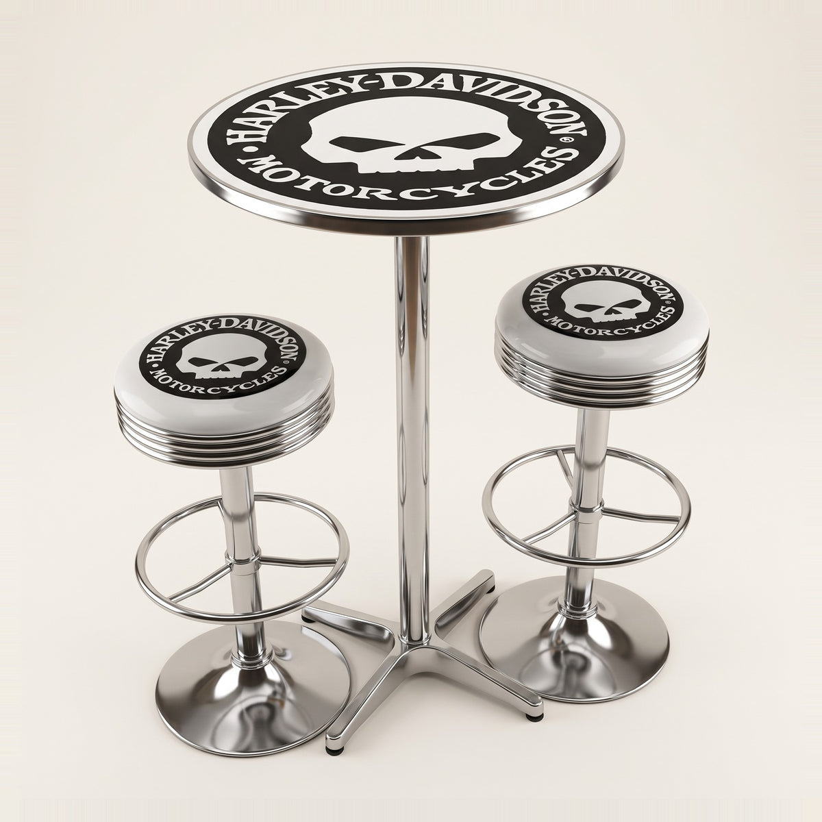 Harley-Davidson Willie G bar table and two bar stools