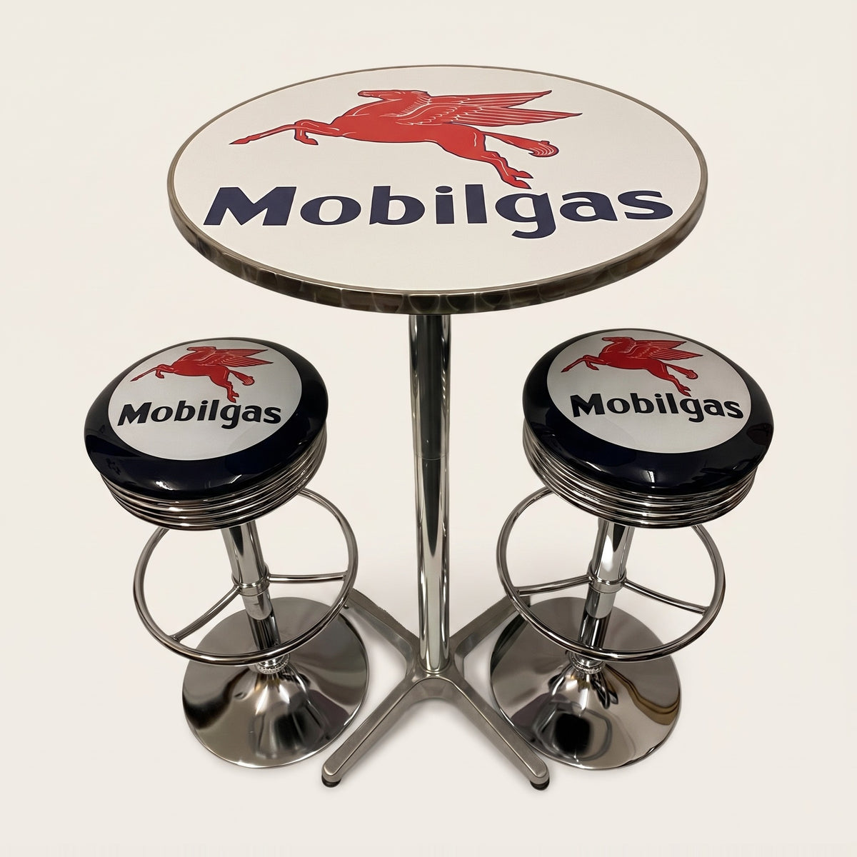 Mobilgas bar table and two bar stools