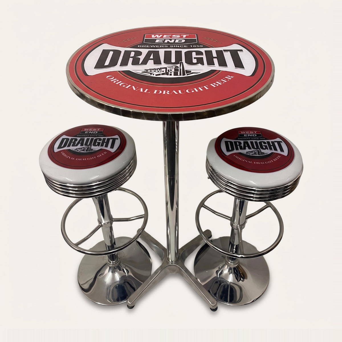 West End Draught bar table and two bar stools