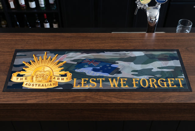 Lest We Forget Camouflage Premium Rubber-Backed Bar Mat Runner on a bar top