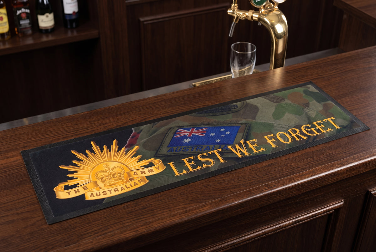 Lest We Forget Premium Rubber-Backed Bar Mat Runner on a bar top