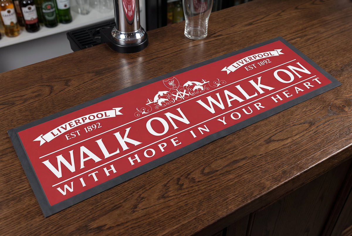 Liverpool FC Premium Rubber-Backed Bar Mat Runner on a bar top
