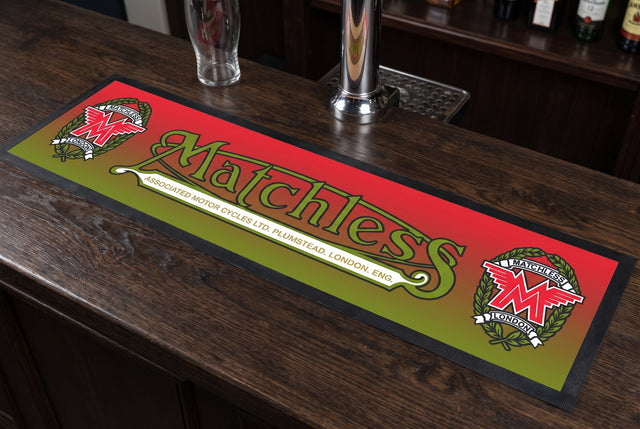 Matchless Motorcycles Premium Rubber-Backed Bar Mat Runner on a bar top