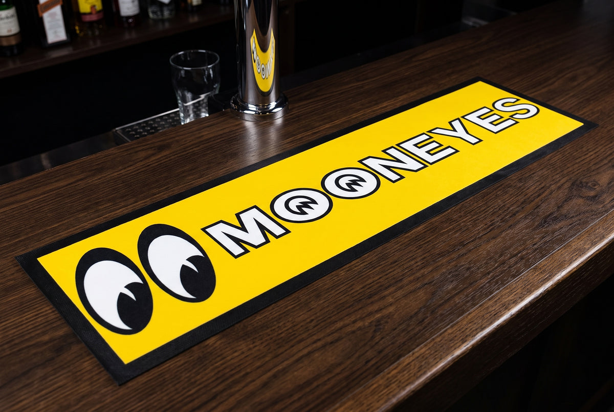 Mooneyes Premium Rubber-Backed Bar Mat Runner on a bar top