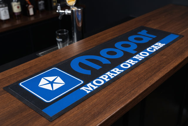 Mopar Or No Car Premium Rubber-Backed Bar Mat Runner on a bar top