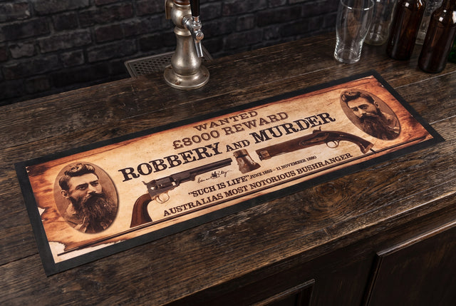 Ned Kelly Premium Rubber-Backed Bar Mat Runner on a bar top