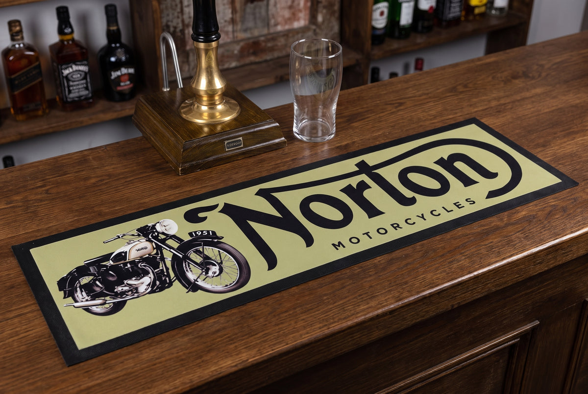 Norton Motorcycles Premium Rubber-Backed Bar Mat Runner on a bar top