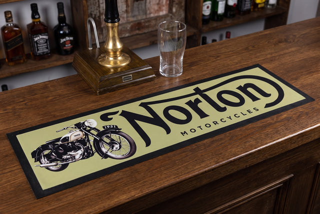 Norton Motorcycles Premium Rubber-Backed Bar Mat Runner on a bar top