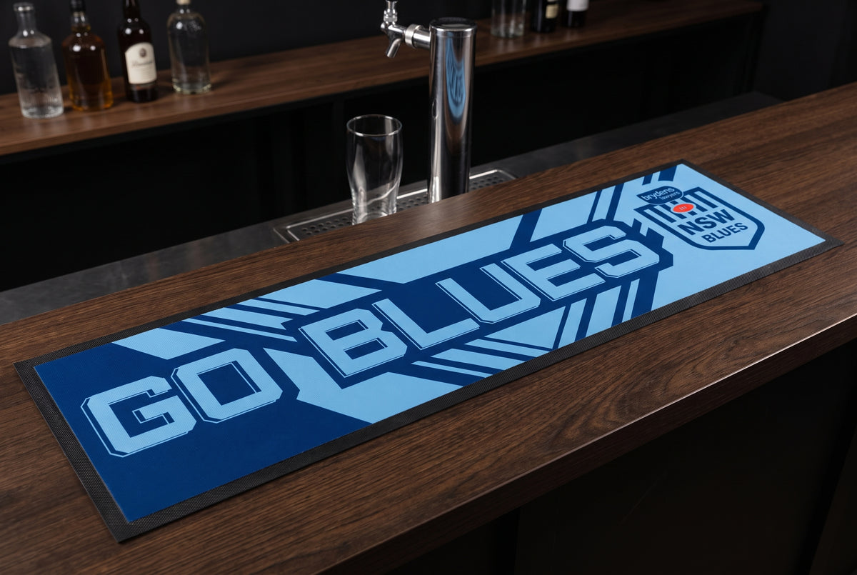 NSW Blues NRL Premium Rubber-Backed Bar Mat Runner on a bar top