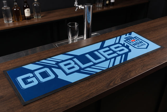 NSW Blues NRL Premium Rubber-Backed Bar Mat Runner on a bar top