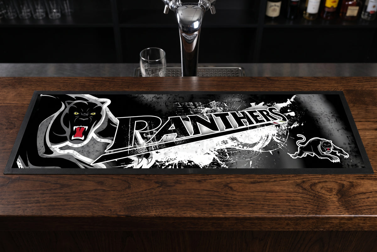 Penrith Panthers NRL Premium Rubber-Backed Bar Mat Runner on a bar top