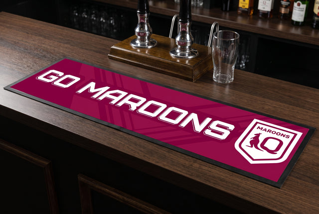 QLD Maroons NRL Premium Rubber-Backed Bar Mat Runner on a bar top