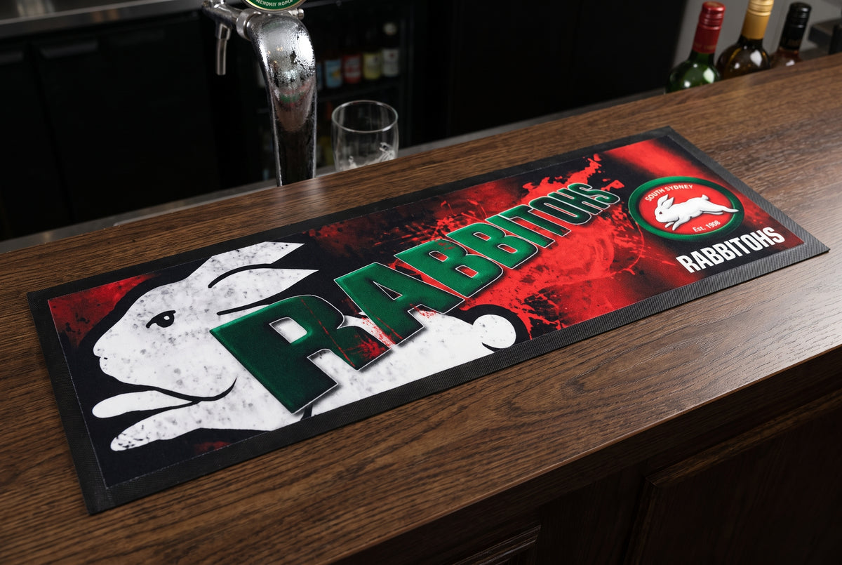 South Sydney Rabbitohs NRL Premium Rubber-Backed Bar Mat Runner on a bar top