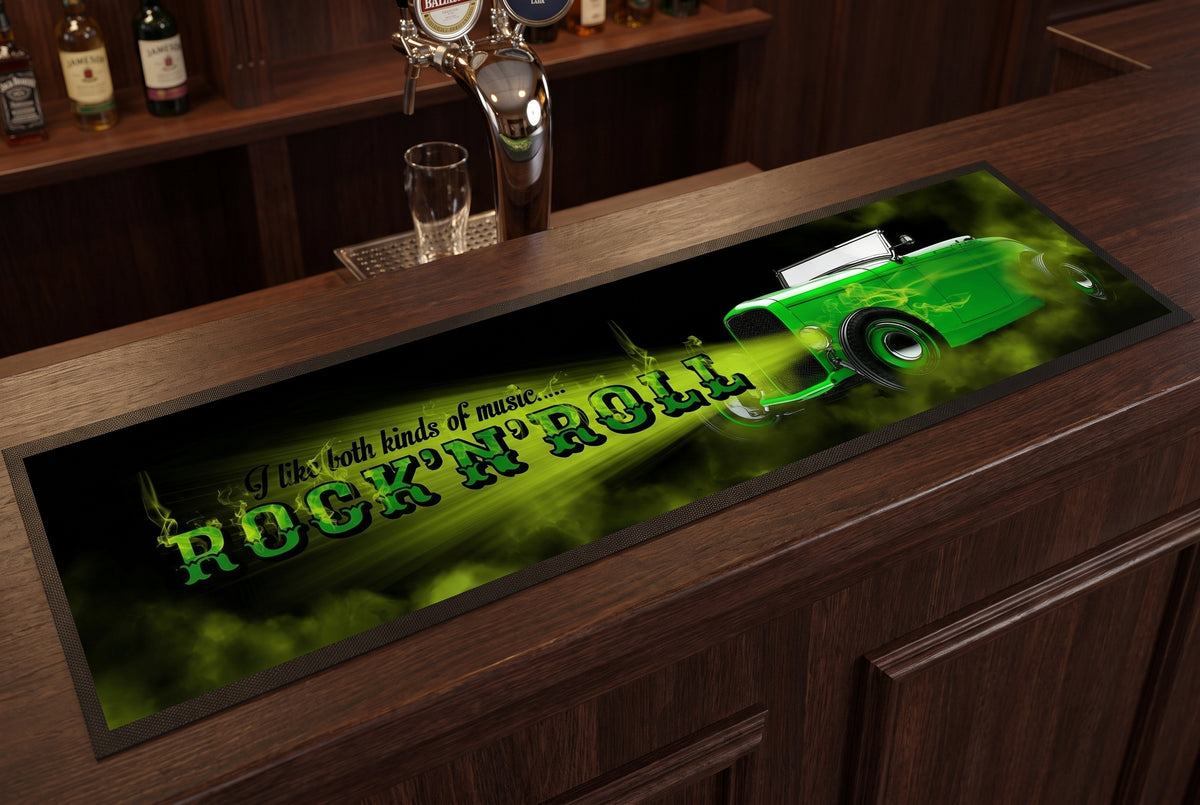 Rock N Roll Premium Rubber-Backed Bar Mat Runner on a bar top