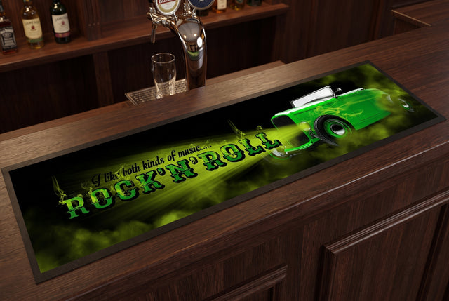 Rock N Roll Premium Rubber-Backed Bar Mat Runner on a bar top