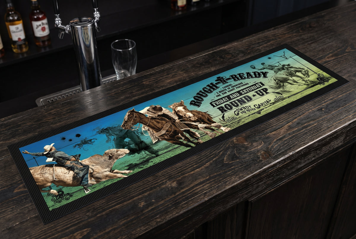 Rough And Ready Premium Rubber-Backed Bar Mat Runner on a bar top