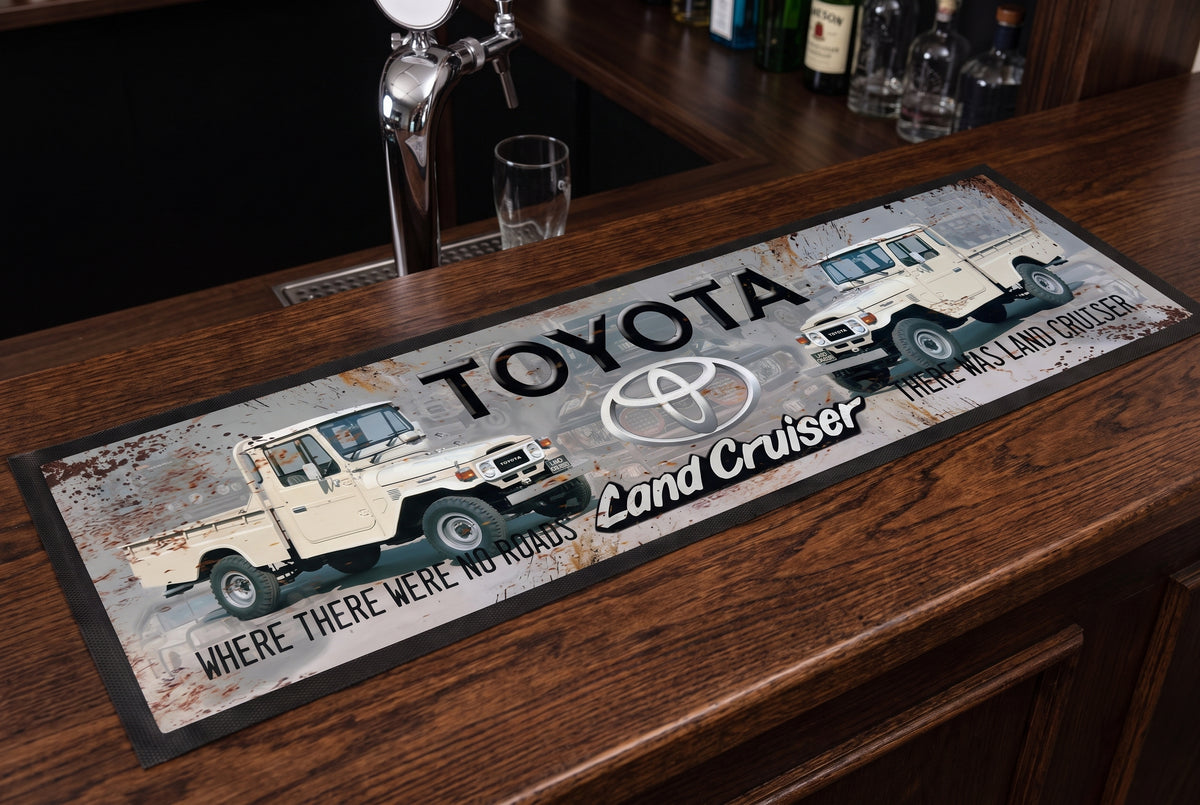 Toyota Land Cruiser Premium Rubber-Backed Bar Mat Runner on a bar top