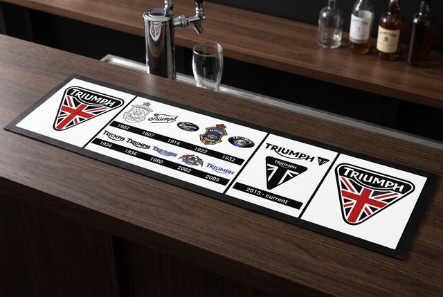 Triumph Motorcycles Premium Rubber-Backed Bar Mat Runner on a bar top