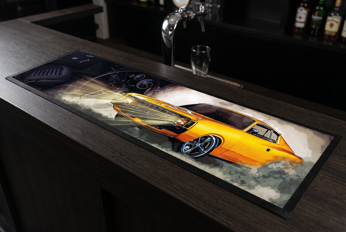 Valiant Charger R/T Premium Rubber-Backed Bar Mat Runner on a bar top