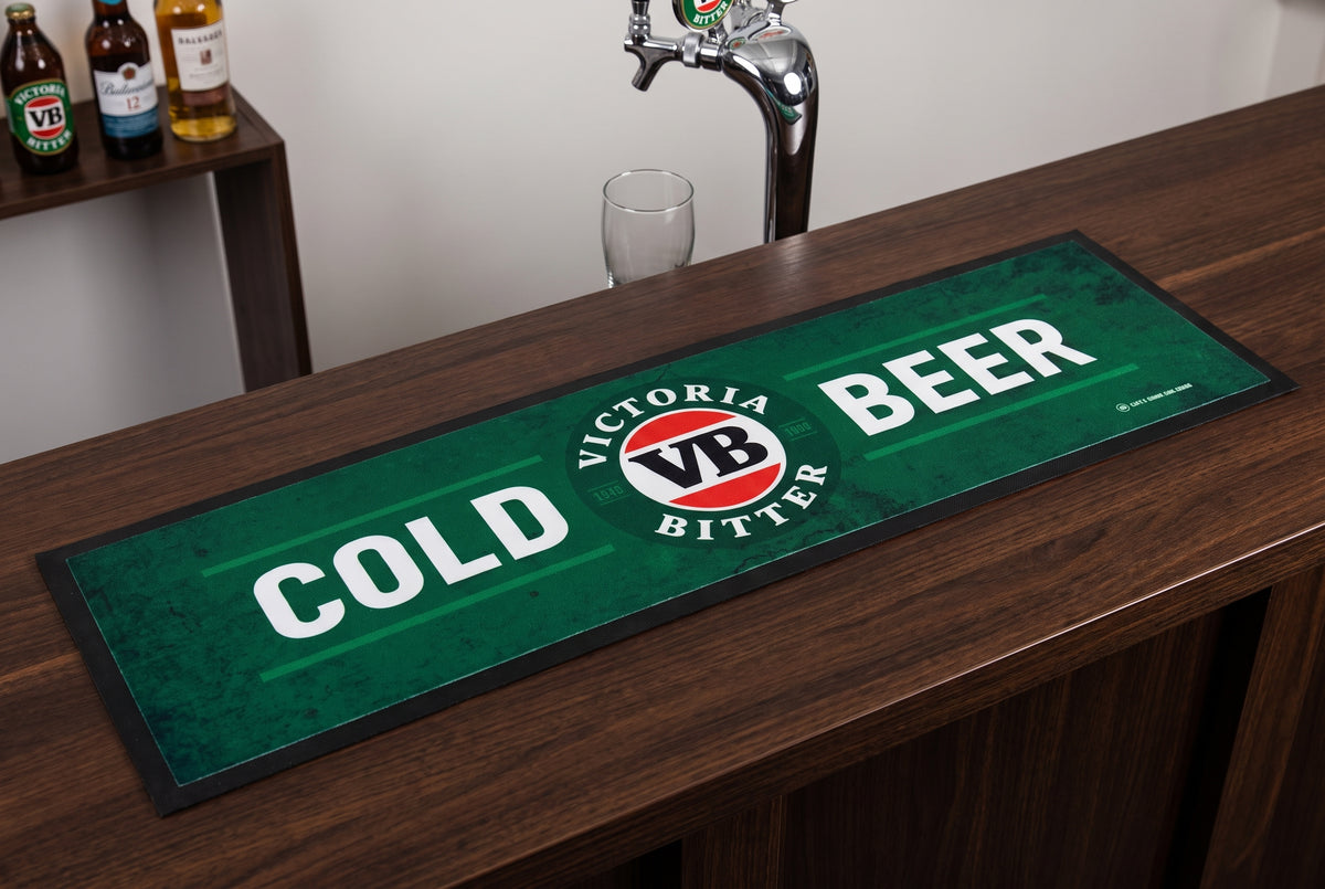 VB Cold Beer Premium Rubber-Backed Bar Mat Runner on a bar top