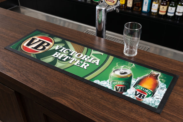 VB Victoria Bitter Premium Rubber-Backed Bar Mat Runner on a bar top