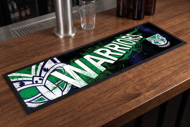 NZ Warriors NRL Premium Rubber-Backed Bar Mat Runner on a bar top