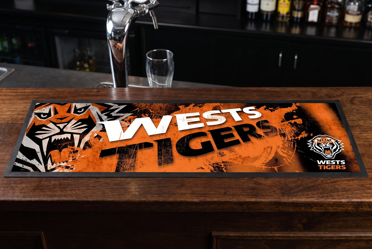 West Tigers NRL Premium Rubber-Backed Bar Mat Runner on a bar top