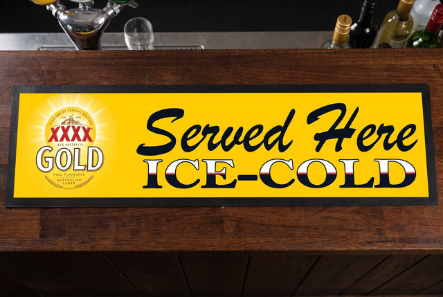 XXXX Gold "Served Here" Premium Rubber-Backed Bar Mat Runner on a bar top