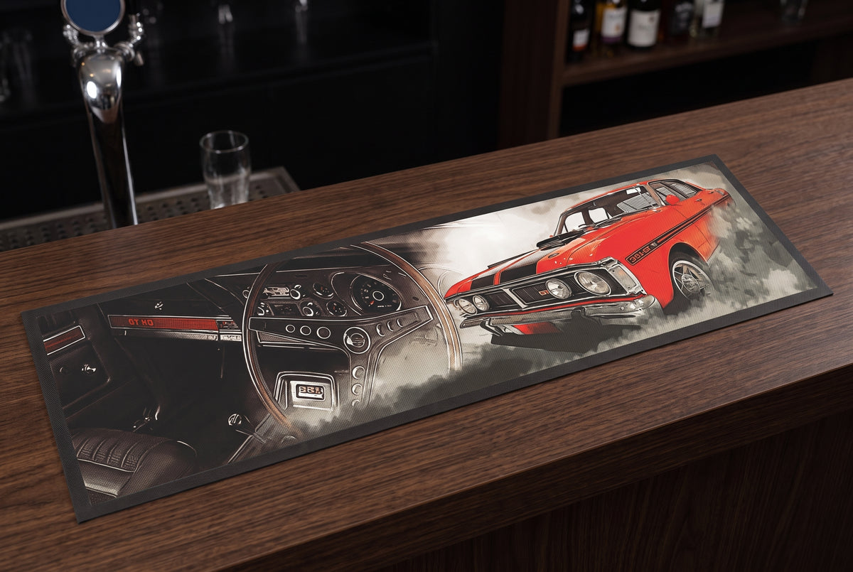 1971 Ford Falcon GT-HO Phase III Premium Rubber Bar Mat on a bar top