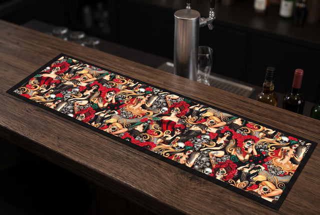 Skulls "Calavera" Premium Rubber-Backed Bar Mat Runner on a bar top