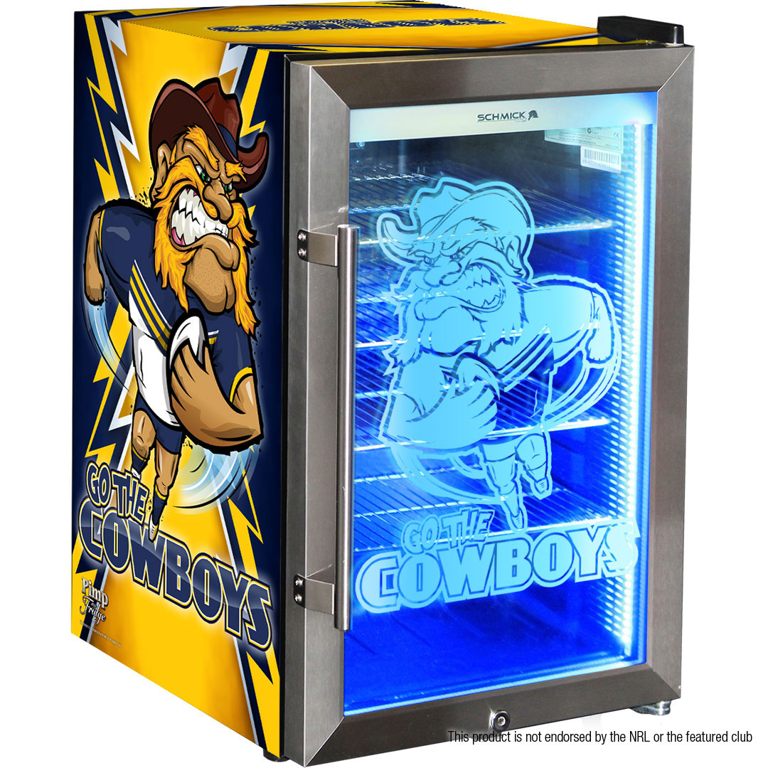 NQ Cowboys branded bar fridge, Great gift idea!  *Note 'This product is not endorsed by NRL or featured club' - Model HUS-SC70-SS-COW-P