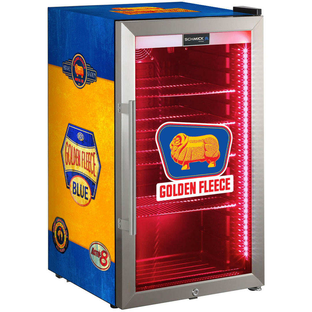 Golden Fleece Schmick Vintage Fuel Pump Triple Glazed Alfresco Bar Fridge With LED Strip Lights - Model HUS-SC88-FP-FLEECE