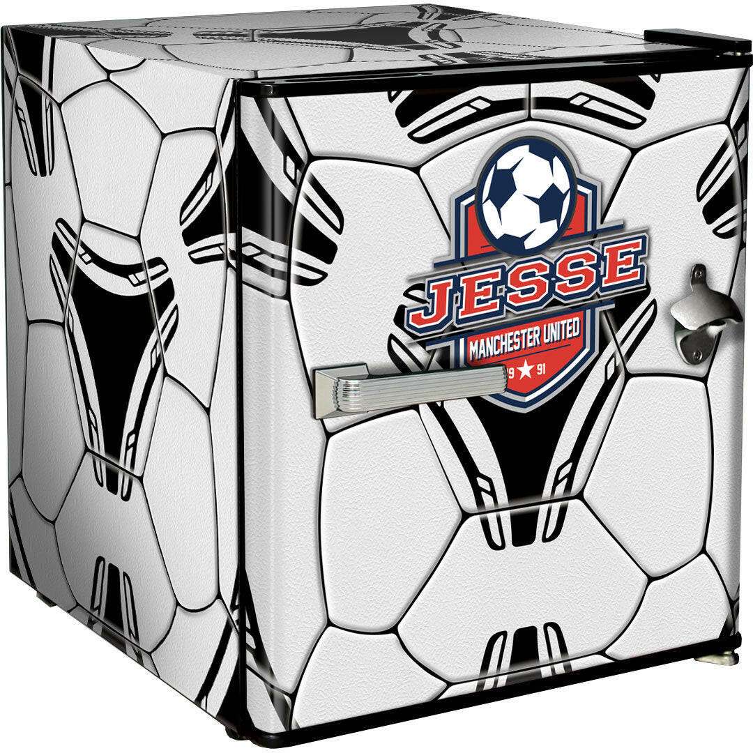 Funky Soccer Ball Football Design Mini Bar Fridge With Handle And Opener - Add Your Name - Model HUS-BC46B-SOCCER