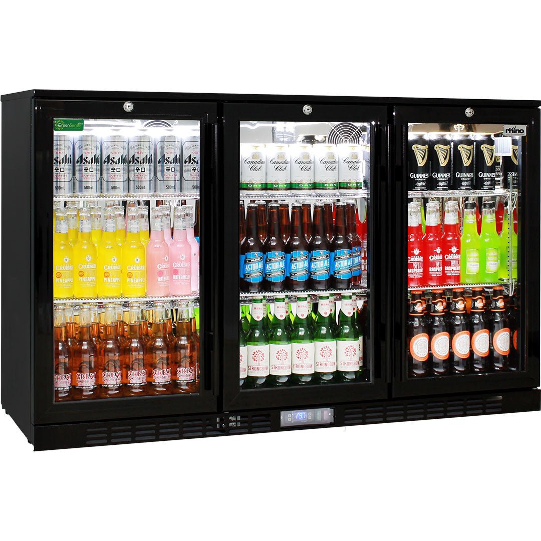 Commercial Glass 3 Door Black Under Bench Bar Fridge With Heated Glass To Stop Condensation - KING CAVE