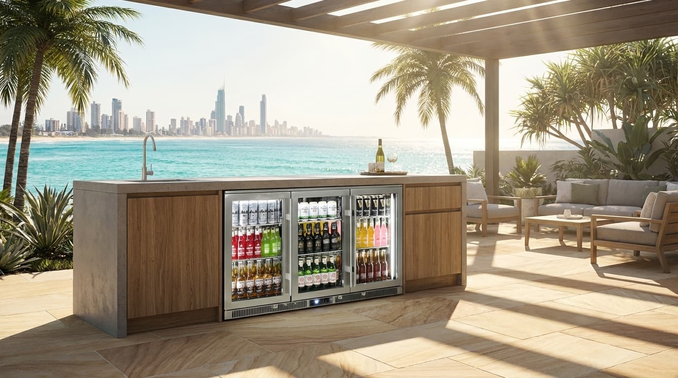 Rhino outdoor bar fridge in a premium beachfront entertaining setting