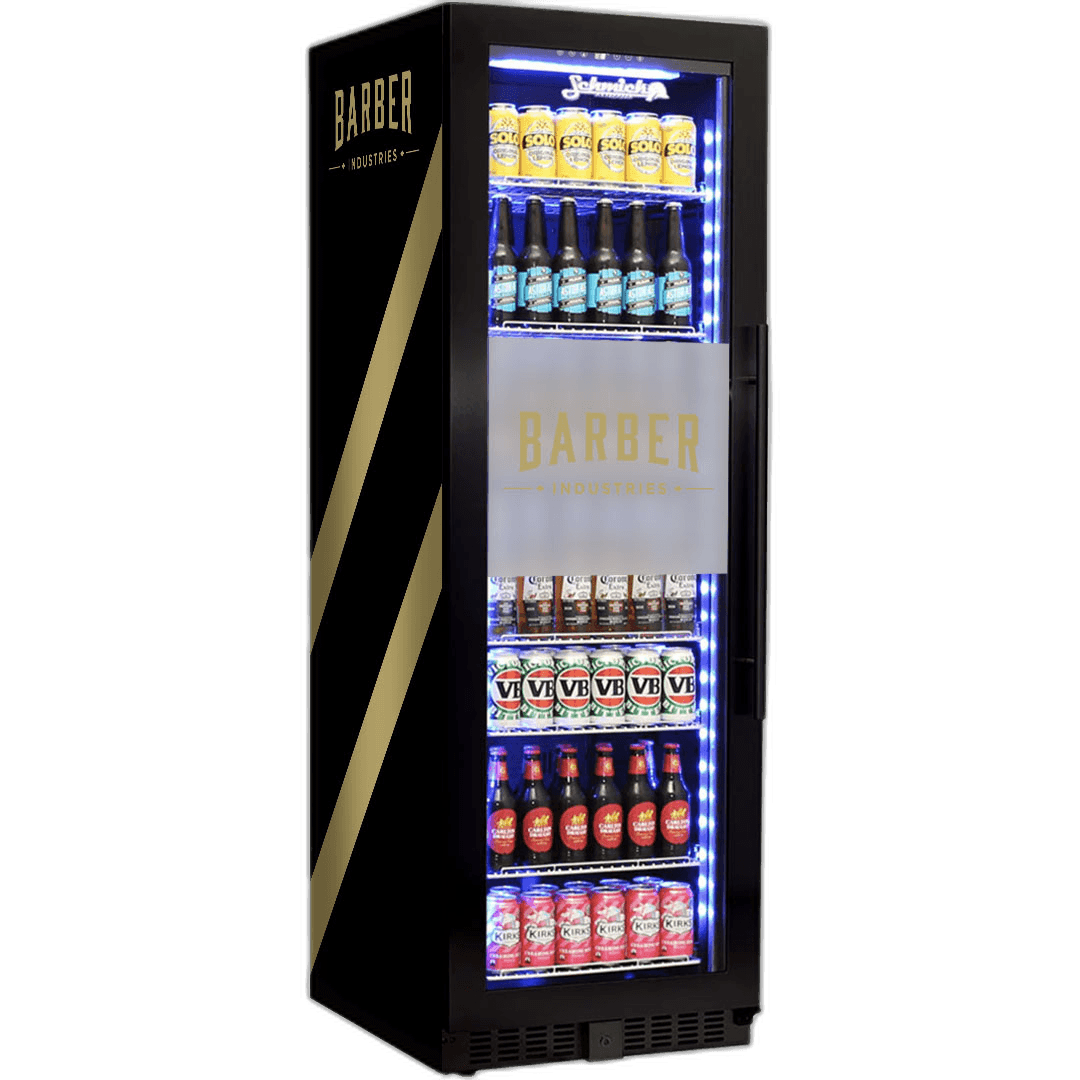 Barber Industries branded upright fridge with black-and-gold barbershop wrap