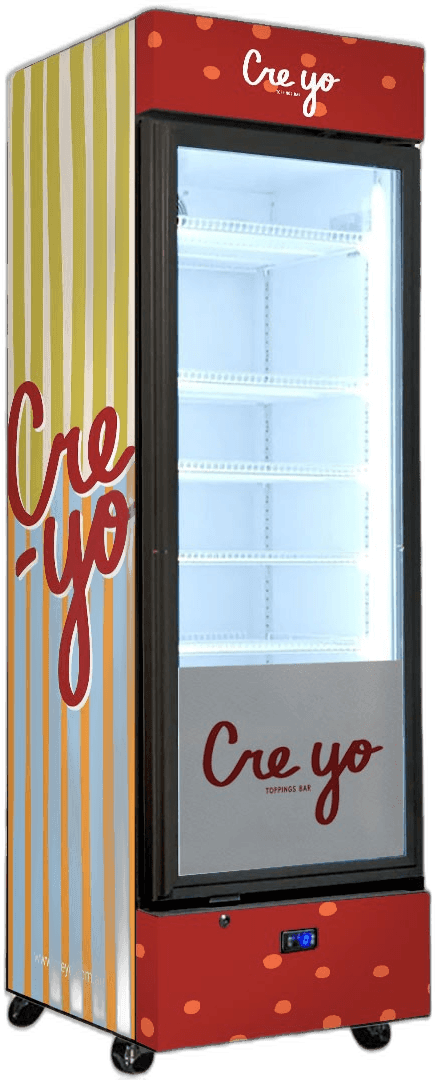 Creyo Toppings Bar custom branded display fridge with candy-stripe yellow and orange vinyl wrap