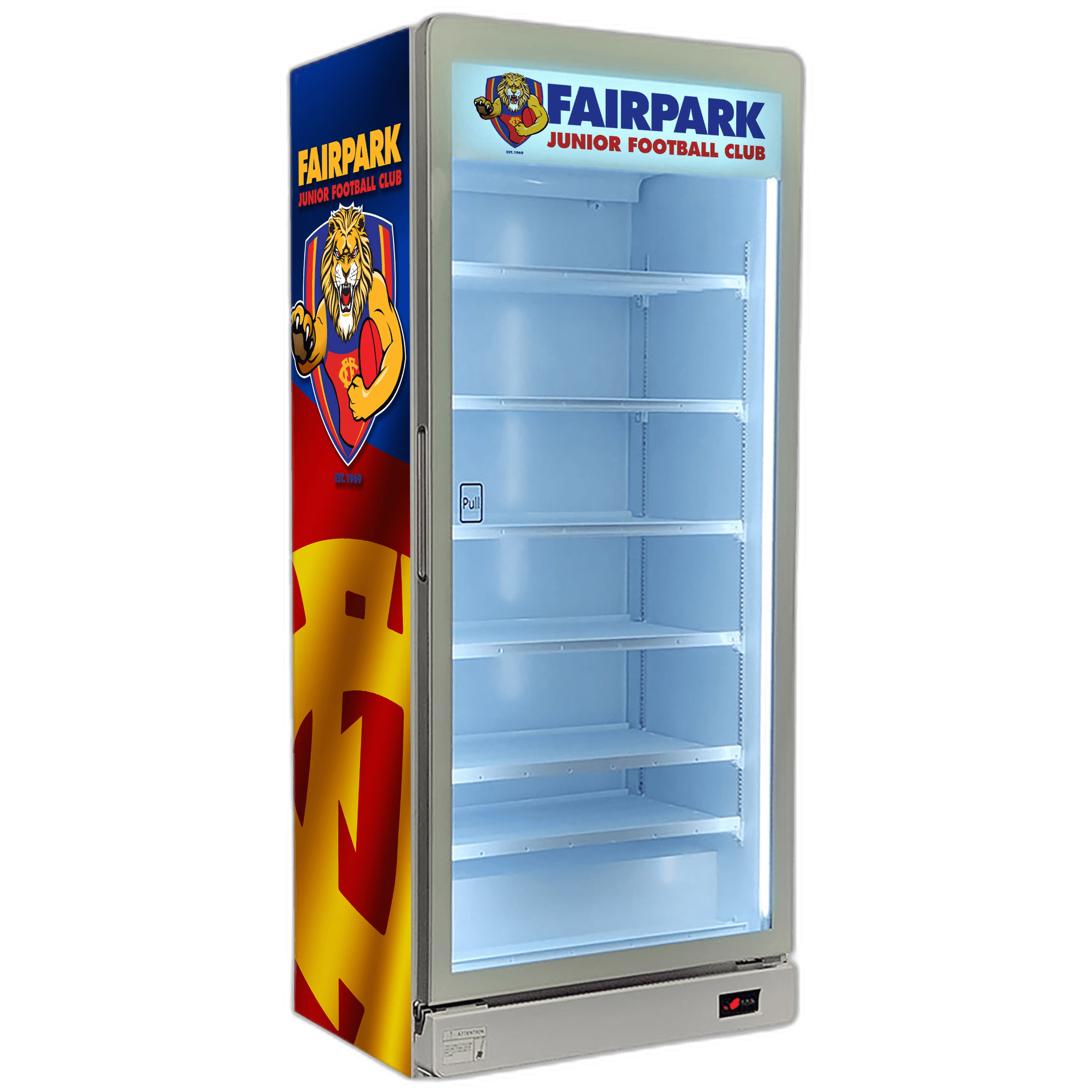 Fairpark JFC branded canteen fridge with club colours and sponsor logos