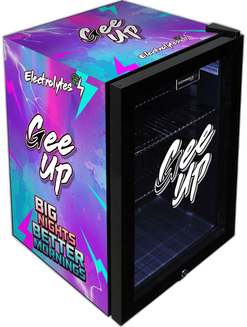 Gee Up energy drink custom branded compact bar fridge with neon purple-to-cyan gradient wrap