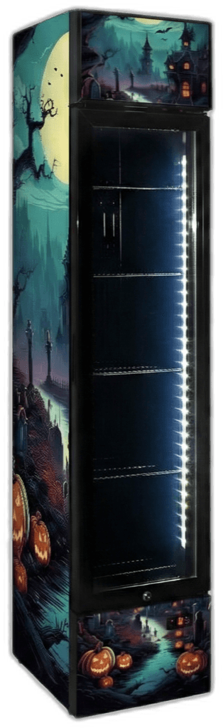 Halloween limited-edition branded bar fridge with orange jack-o-lantern vinyl wrap